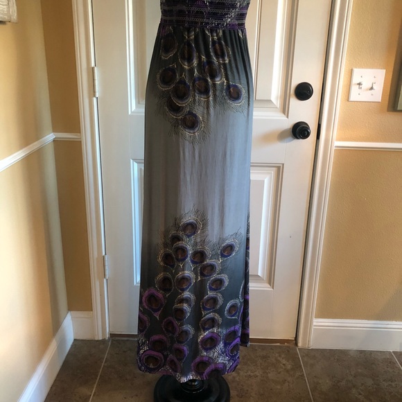 Gray maxi dress with peacock colors, large - Picture 3 of 3